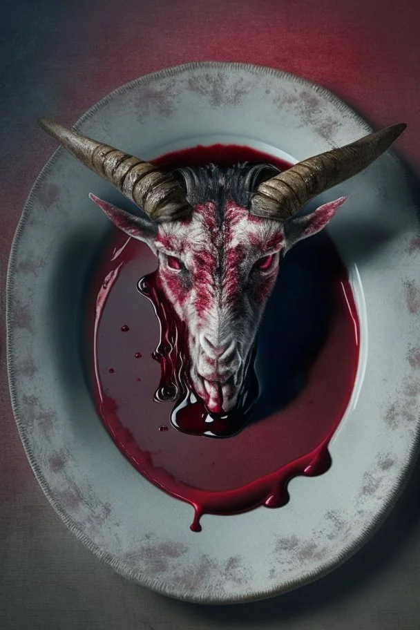 cursed meal with a goat head photorealistic image, served on a plate, with blood to drink