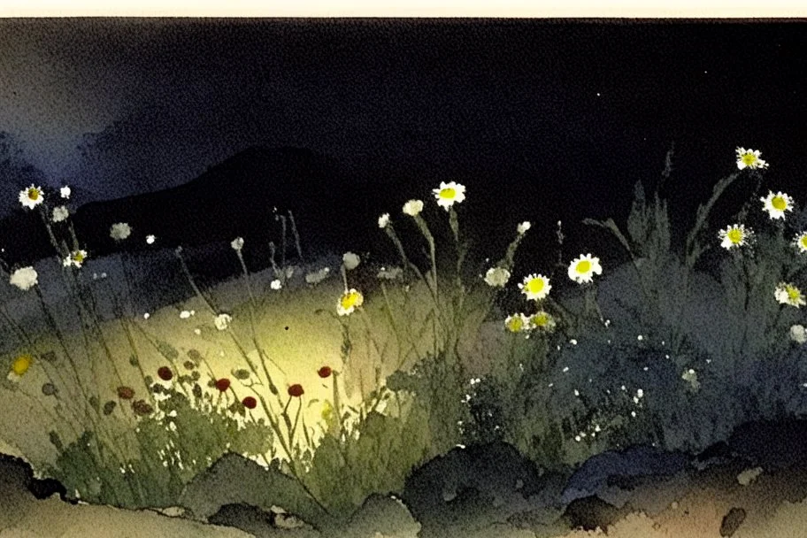 Landscape with night, mountains, flowers, rocks, winslow homer watercolor paintings