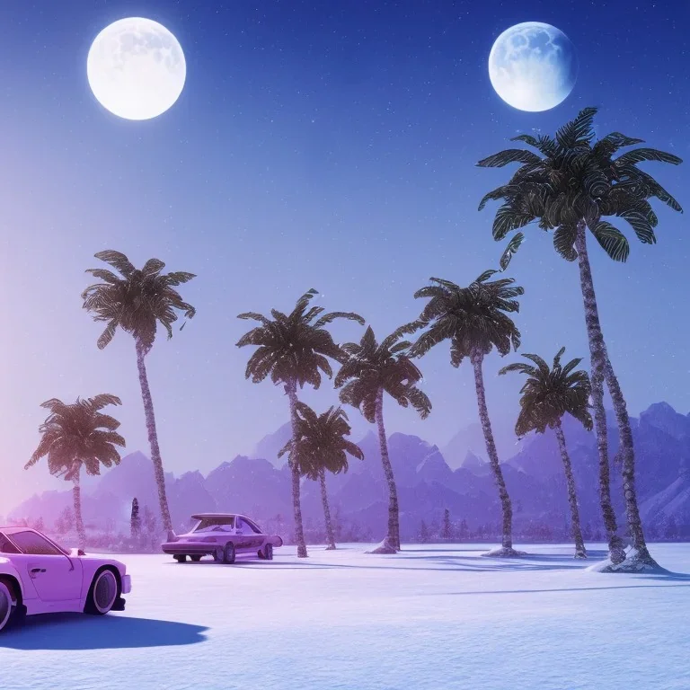 1980's aesthetic vaporwave palm trees with moon with porsche in the winter snow with lightning