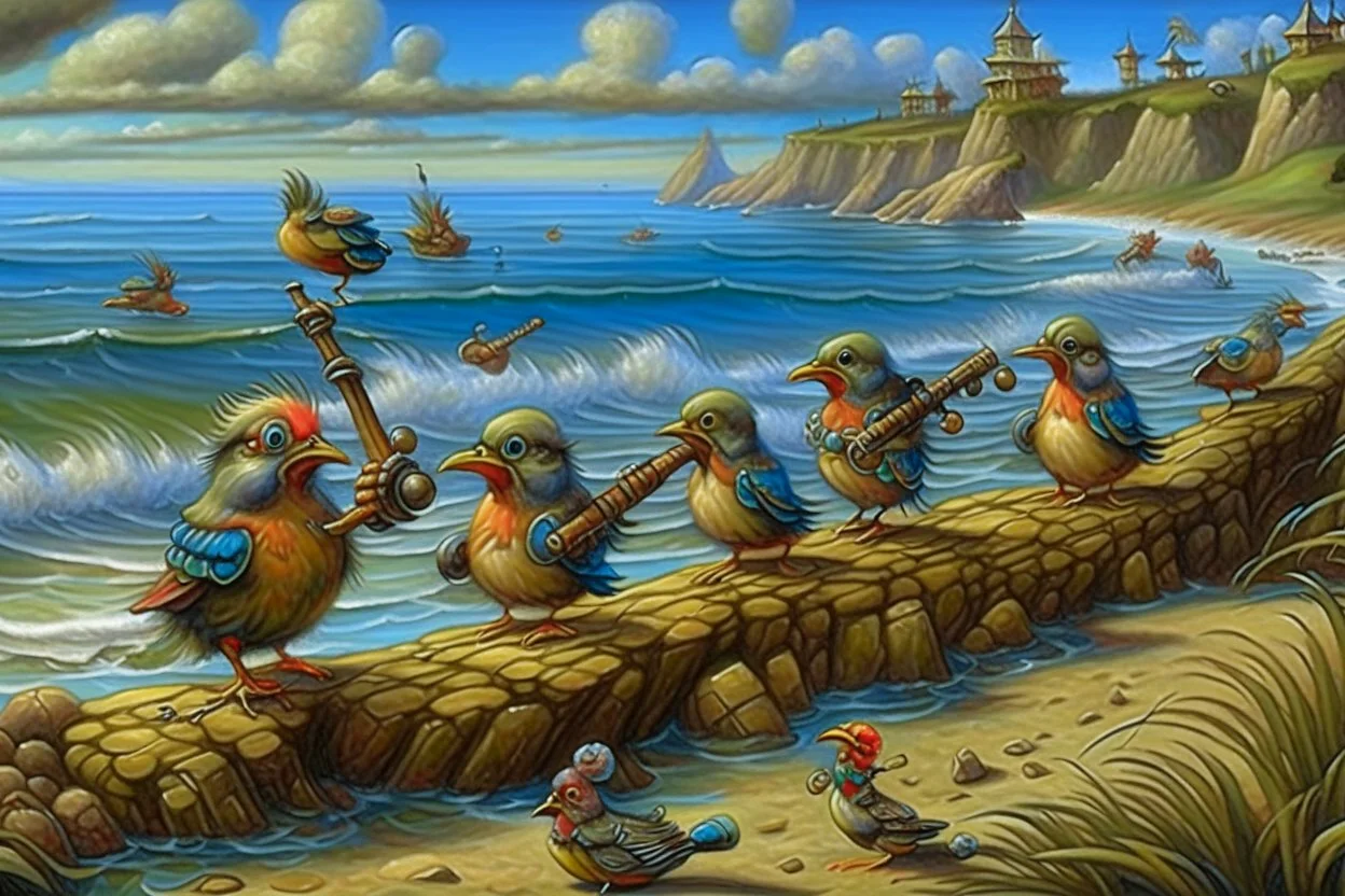 Little Birds are playing Bagpipes on the shore, Where the tourists snore: "Thanks!" they cry. "'Tis thrilling! Take, oh take this shilling! Let us have no more!" Modifiers: highly detailed oil on canvas masterpiece beautiful award winning Unreal Engine very cute Jacek Yerka acrylic art Jean-Baptiste Monge Surrealism Daniel Merriam naoto hattori Catrin Welz-Stein Esao Andrews Ray Caesar Gabriel Pacheco Bridget Bate Tichenor yippy-ty-o-ty-ay The Strangeness of Thomas :-) Anna Zinkeisen