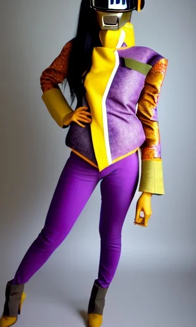 Asa akira as model. Camouflage colors are terracotta, cream and purple, lilac and Cream latex, imperial yellow, red plum. European daft punk woman. Mantle is sewed of recycled Denim and sewed together of recycled polymer felt. lace, Yellow(Munsell) areas. hint of orange as effect color!!Big bright purple/khaki felt tippet and cream or blue or lilac colored-hood. mantle is merged with satchel. . AKG-style headphones (gold rings!) is merged with small felt cap, cyan small visor.