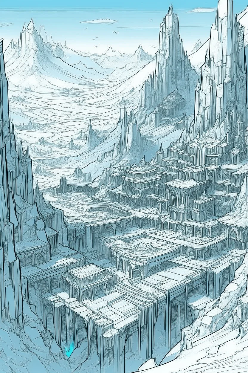 An ancient city trapped in an eternal glacier. The necropolis seems frozen in time. Fine line draw