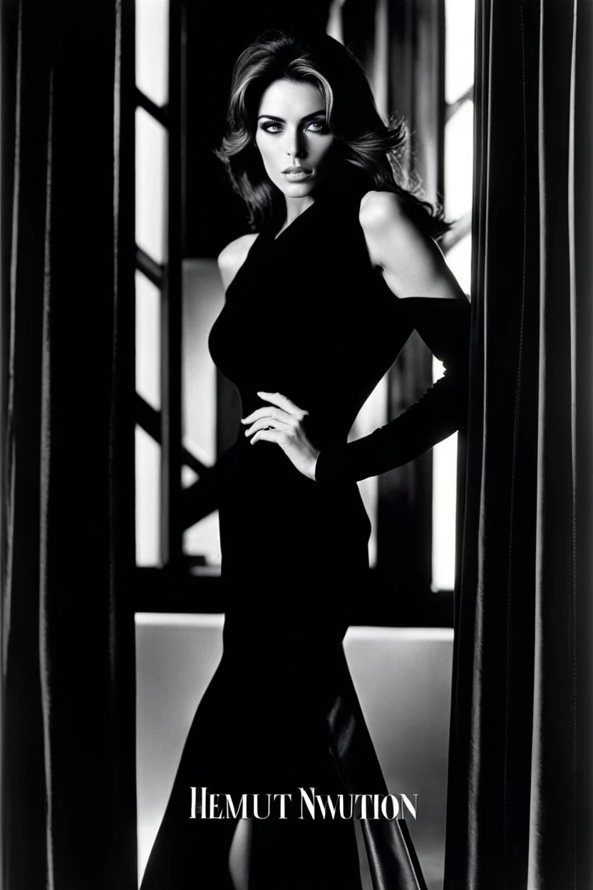 Helmut Newton photographs british bombshell Liz Hurley: Our stunning beauty radiates allure and mystery and shows her perfect skin for an intimitate portrait. The light accentuates her mesmerizing silhouette, epitomizing the glamorous and seductive aesthetic of a high quality magazine. She is just 21 an has a very tall and tiny figure and long legs. She has dark hair. Liz showing her perfect body.