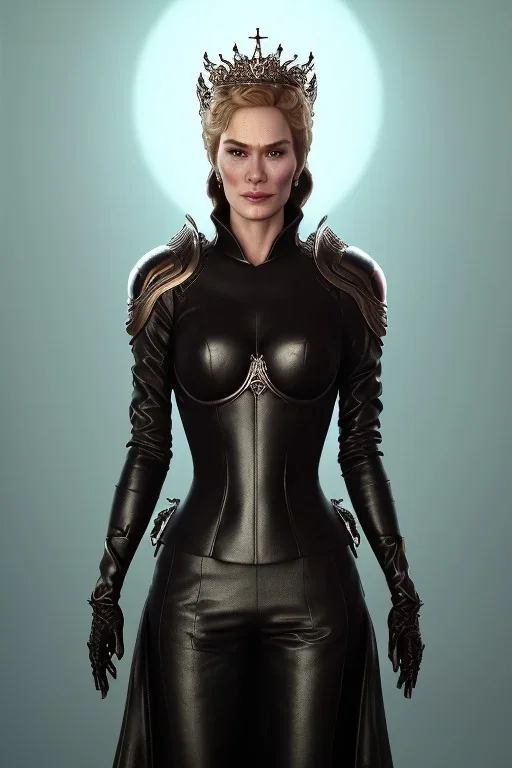 Cersei Lannister as evil queen in black leather, busty, cleavage, curvy, lena headay, angry, stern look. character design by cory loftis, fenghua zhong, ryohei hase, ismail inceoglu and ruan jia. unreal engine 5, artistic lighting, highly detailed, photorealistic, fantasy