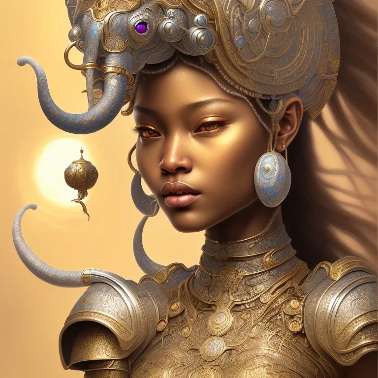 Sango fantasy, fantasy magic, intricate, sharp focus, illustration, highly detailed, digital painting, concept art, matte, art germ and Paul Lewin and Kehinde Wiley, masterpiece silver elephant head bronze Buddha Asian African girl nice breast Hawaiian hair turquoise golden waves