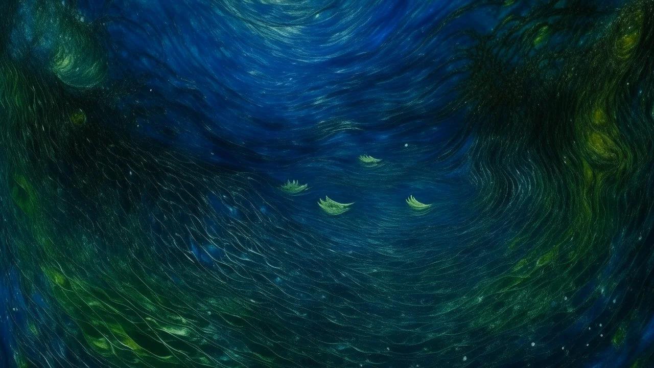 A dark blue underwater abyss with plankton painted by Vincent van Gogh