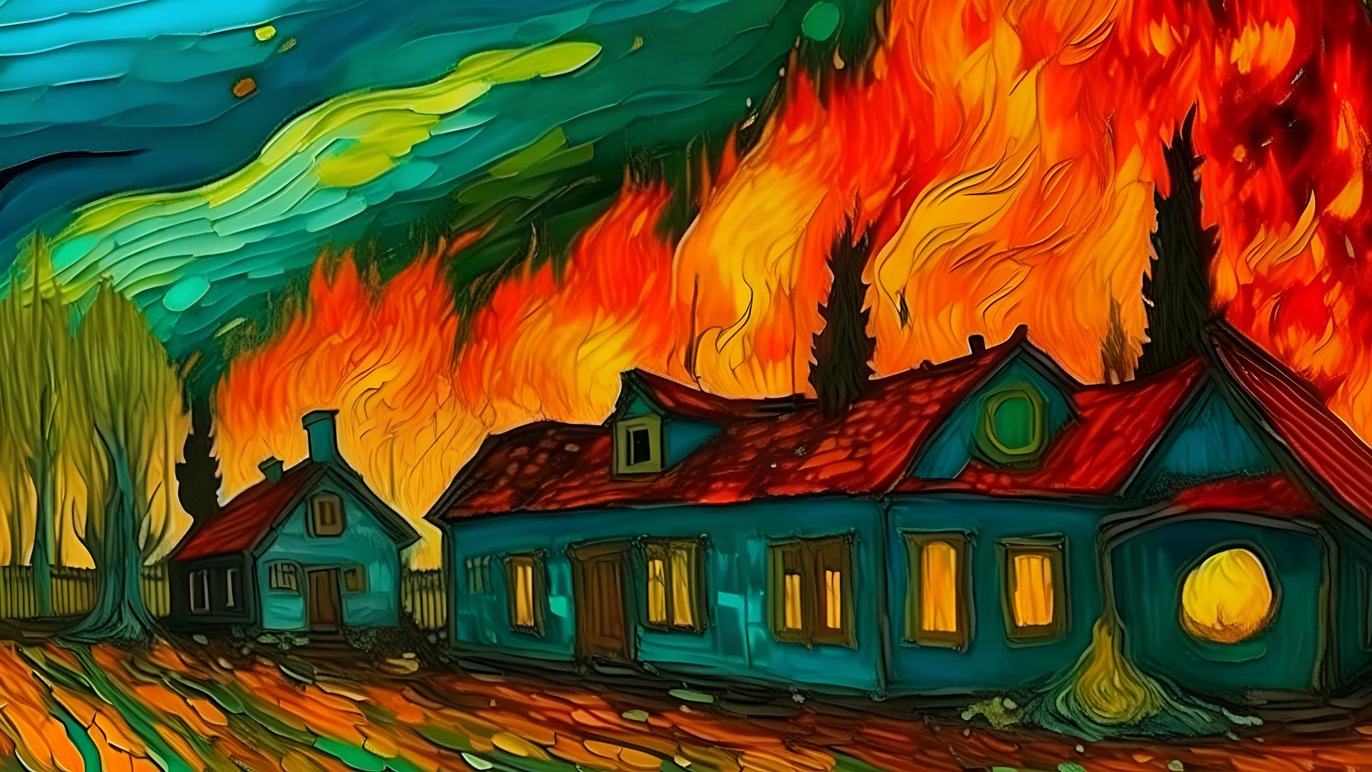 A close-up view of a burning suburban house and destroyed buildings in the colors of Van Gogh's paintings