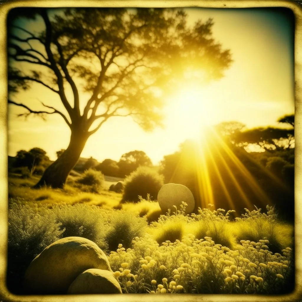 Polaroid photo of a peaceful marvelous landscape, trees, flowers, giant sun, sharp focus, bas-relief, decal, very spooky figure, intricate, rock formations, atmosphere of a Max Ernst painting, Henri Rousseau, thoughtful, interesting, a bit appalling, smooth