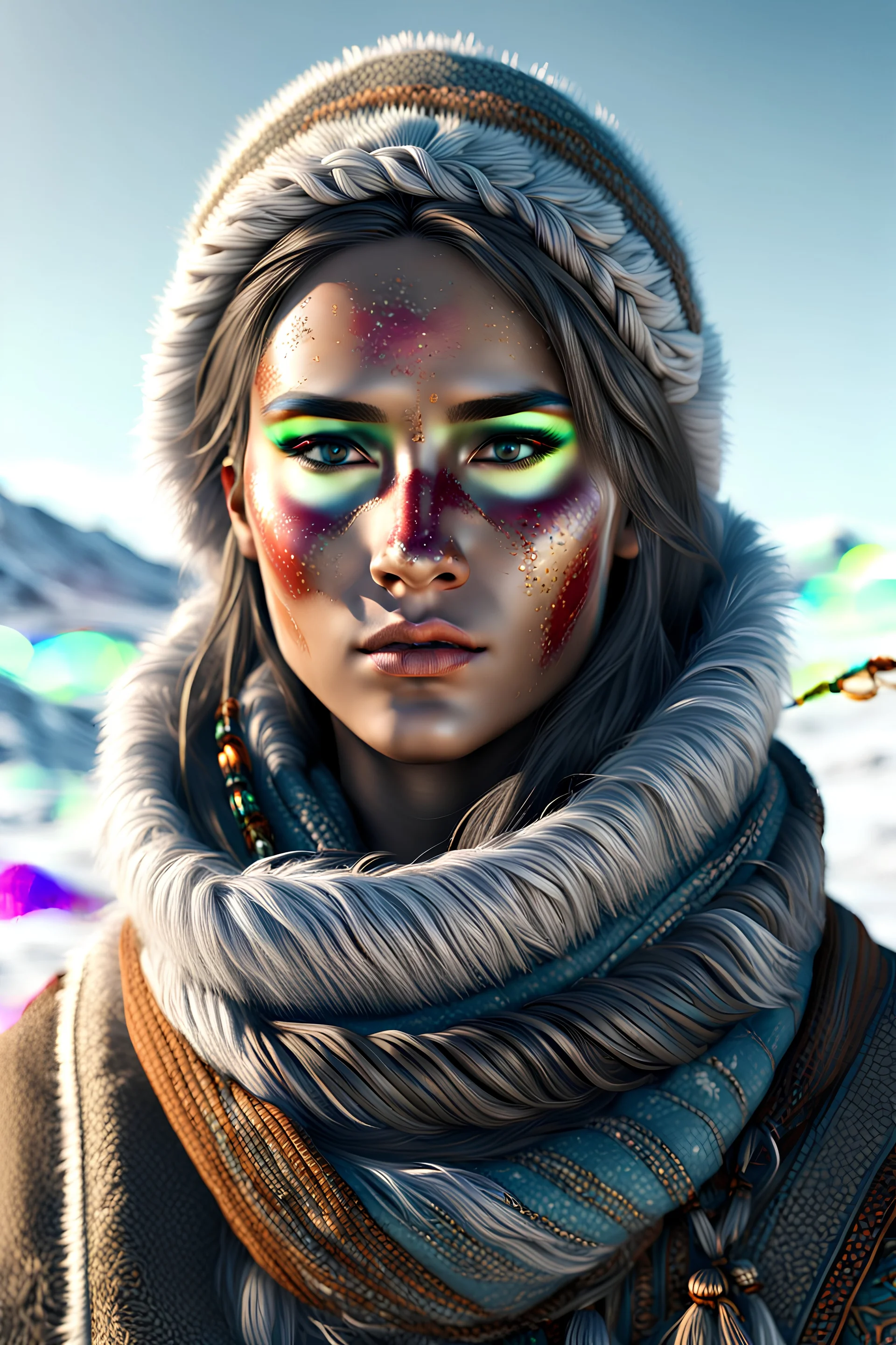 create a young, otherworldly lost Siberian nomadic female wanderer with highly detailed, sharply lined and deeply weathered facial features in a desolate tundra steppe landscape , in natural winter tundra colors, hyper realistic, 8k, 3d render