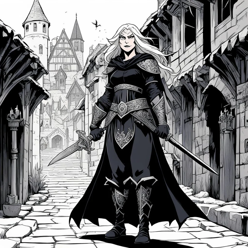 [comics Head Lopper style by Andrew MacLean] She moves with silent grace through the old winding streets of the medieval city, a master of the arts of thieves and illusion. Clad in dark garb that blends seamlessly with the shadows for torches, her eyes gleam with a hunger for novelty and adventure. The city is the playground of her illusions and tricks, its secrets and treasures ripe for the taking. The cobblestone streets echo in the slice of the night; she remains unseen, a phantom slipping t