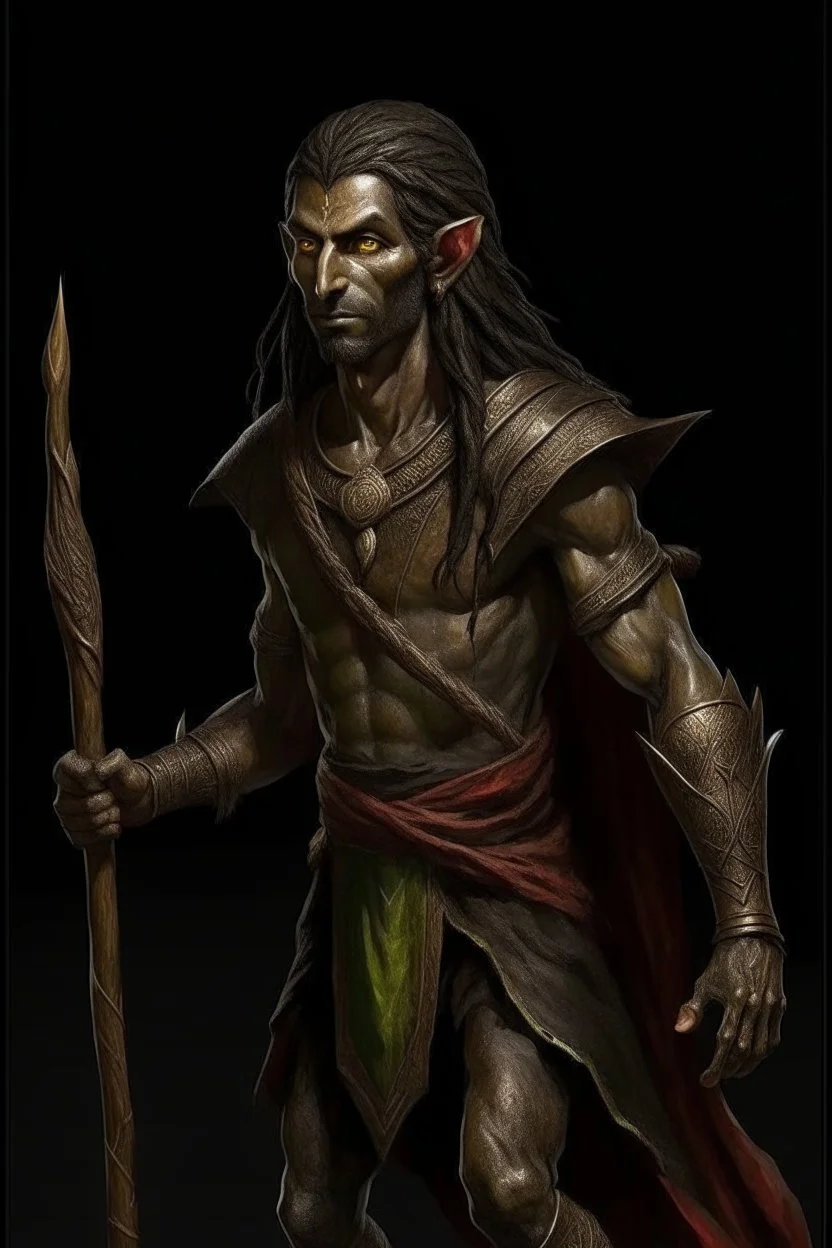 full length, montia, black with, holding a spear in his hand