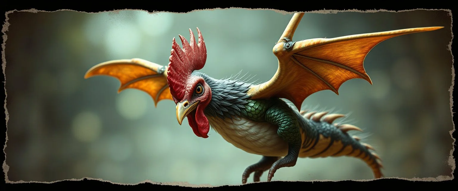 3d airbrush render, elf gremlin dodo punk dragon hen , pinhole cam, airbrush 3d rendering, in the style of Titian , torn edges on border