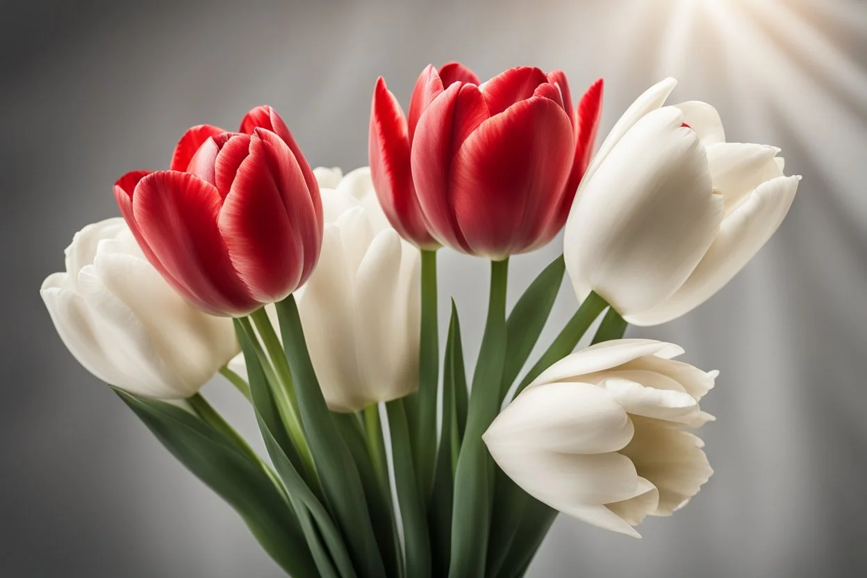 photorealistic 3 red tulips above and 2 white tulips down in a bouquet, soft lighting, sharp focus, rough edges in sunshine