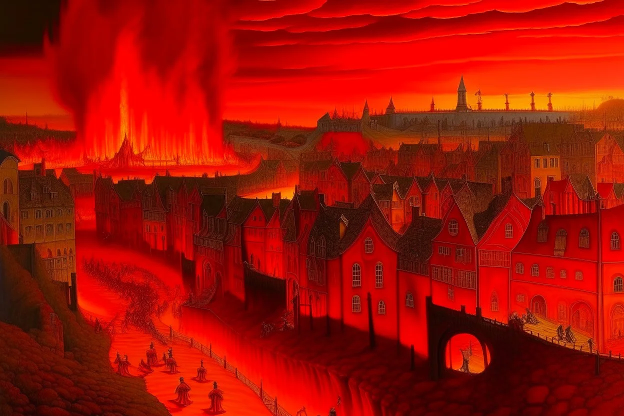 A dark red town with a fiery arena painted by the Limbourg brothers