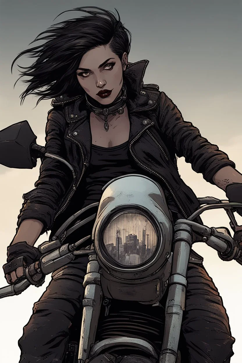 scarred vampire girl showing fangs with short cropped cyberpunk hair riding a black cafe racer motorcycle in a post apocalyptic wasteland at dusk