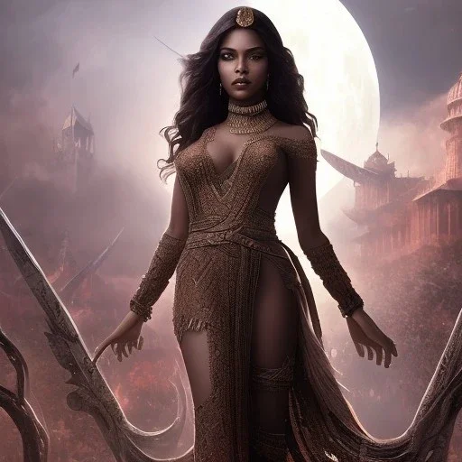 fantasy setting, insanely detailed, dark-skinned woman, indian, black wavy hair, warrior