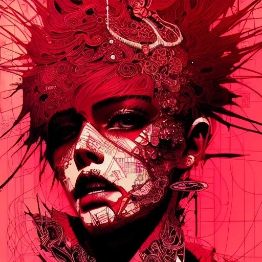 beautiful punk girl, hyper detailed, hyperdetailed, intricately detailed, illustration by <kilian eng> <Yoji Shinkawa>, darkred tones,