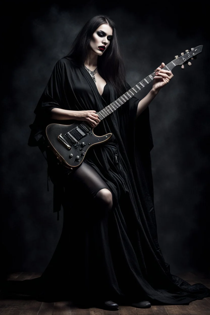 pretty goth girl(dressed in black flowing robes) leaning back while playing electric rock guitar, dark background, photo realism