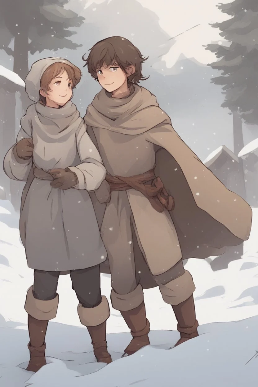 DnD style, two medieval peasant kids playing in the snow male and female, age 14 and 15, happy and playful