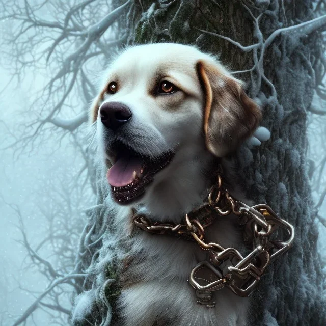 close up of Sad, Scared, dog chained to a tree, winter, house, 8k resolution, high-quality, fine-detail, intricate, digital art, detailed matte, volumetric lighting, illustration, 3D octane render, brian froud, howard lyon, selina french, anna dittmann, annie stokes, lisa parker, greg rutowski