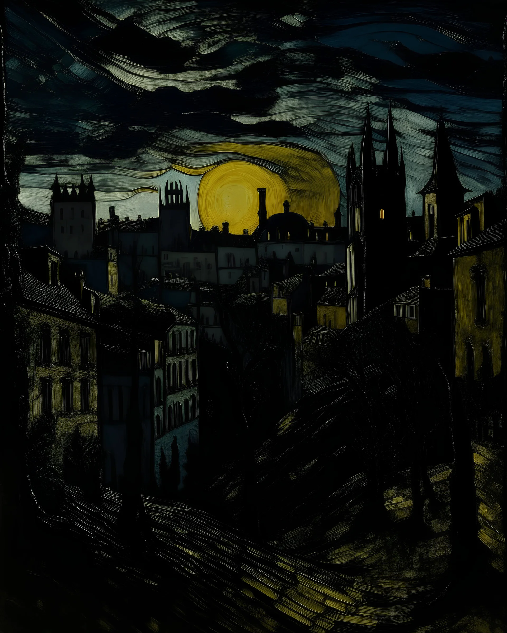 A dark black city near a giant shadow castle painted by Vincent van Gogh