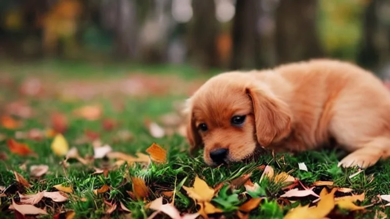 Cute puppy playing with leaves