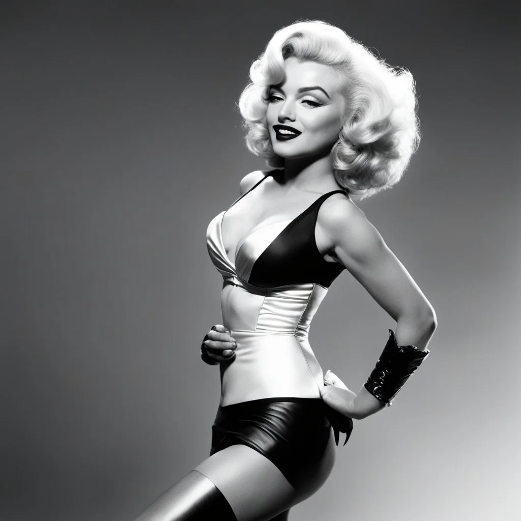 a power superheroic essence of Marilyn Monroe's iconic glamour. As a super heroine, she exudes a captivating charm in her dynamic pose. From a 3/4 view in contre plongée, her power pose, her silhouette enhanced by her agent provocateur costume. She turns her head towards the camera, she smile with no inhibitions meets the viewer's gaze, she embodies a mix of timeless allure and heroic strength.