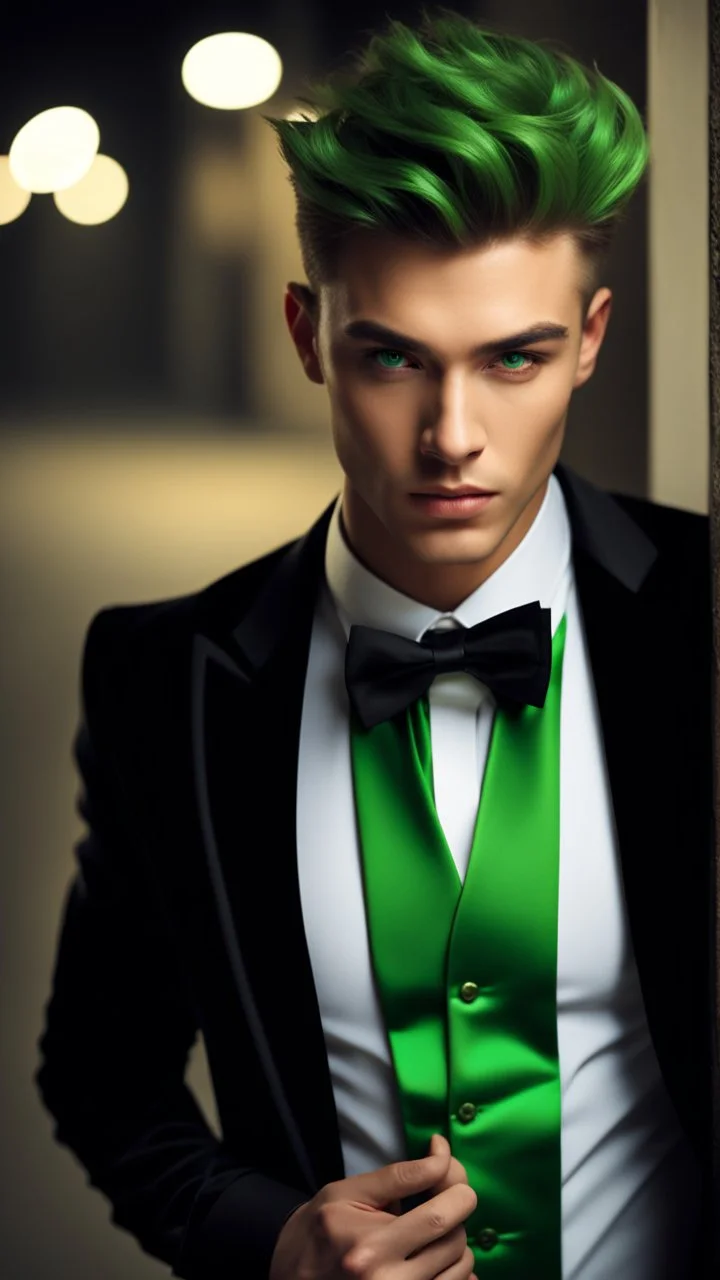 Handsome male model aged 20. undercut hair, wearing a black tuxedo with a green bow tie. Hyperrealistic 4k dark fantasy