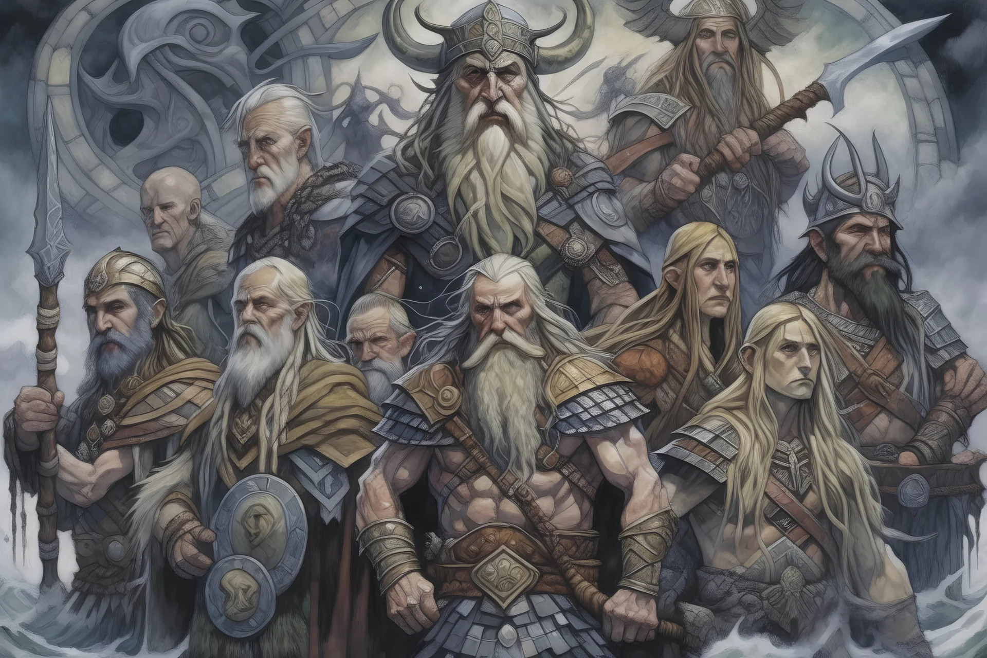 painting of norse mythology with multiple characters