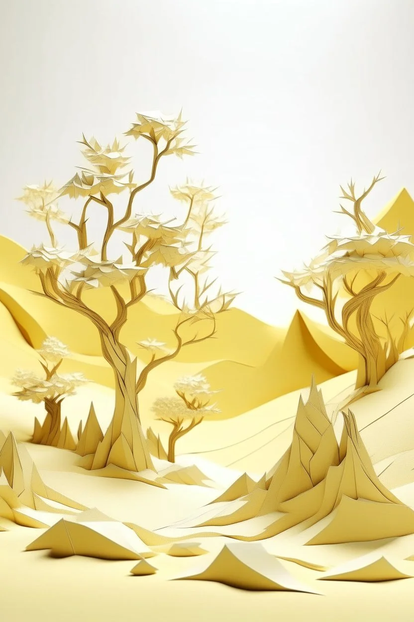 An ivory yellow arid desert with dry trees designed in Japanese origami painted by Zhang Lu