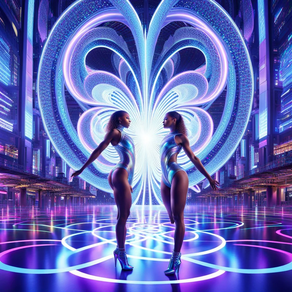 A mesmerizing, 3D, fractal recursive artwork of dancer girls wearing sleek, futuristic clothing. They move gracefully within a shimmering, magical cityscape, a swirling vortex of neon lights and holographic projections. The city appears to be an intricate, self-repeating fractal pattern, with impossible geometries and floating structures.