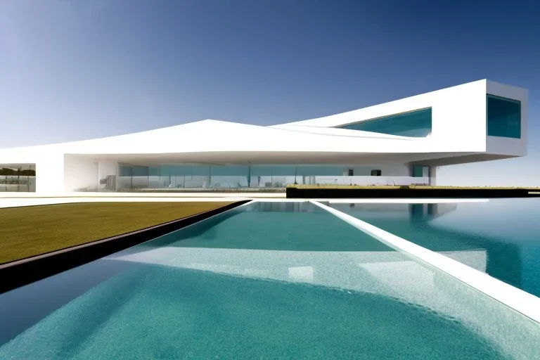 algarve in quinta do lago, one straight line building of 250 meters long pool on the rooftop of that modern luxury architecture building made in white render, wood and gold metallic pergolas with pool on rooftop, overlooking a slope with pinus pinea