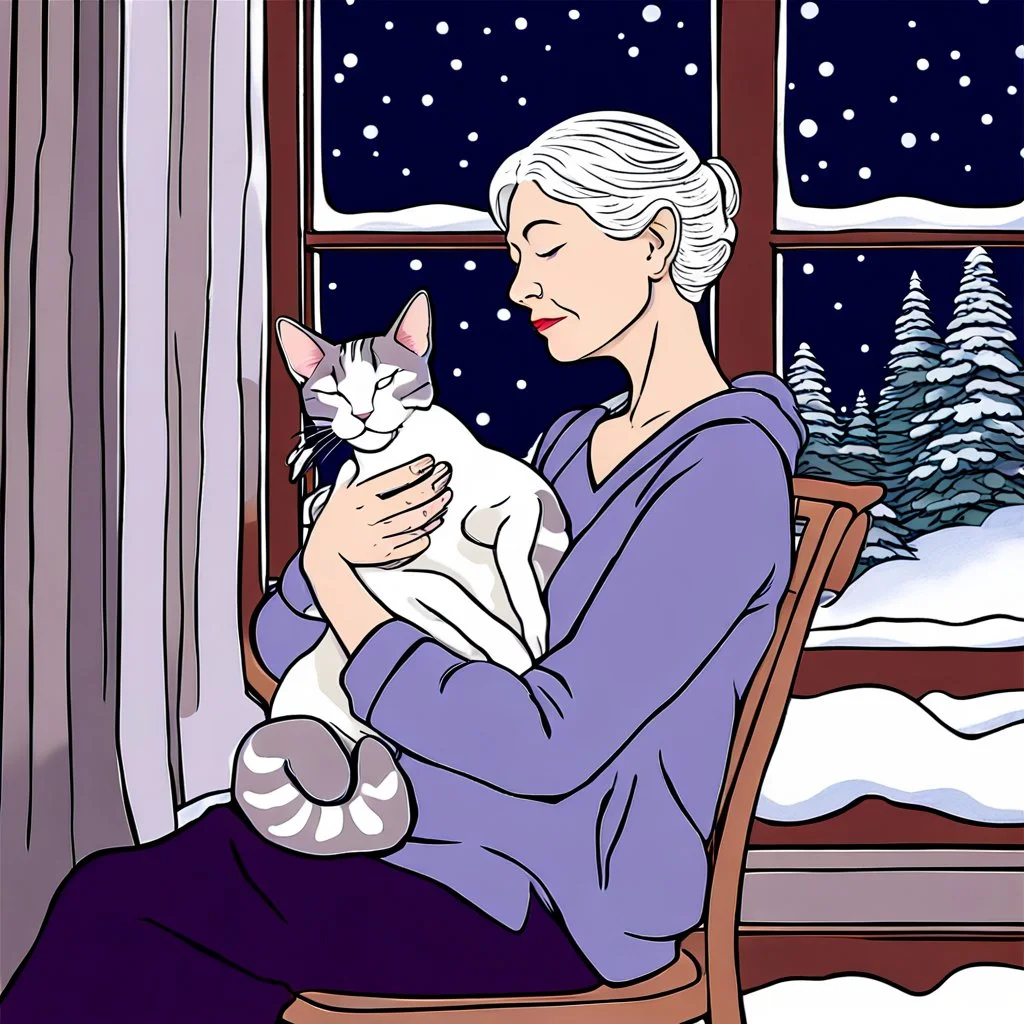 create a sleeping grey haired middle aged woman with chin length hair, sitting on a chair, in front of a window, holding her beloved gray and white tabby Oriental shorthair cat, also sleeping, in her arms. Serene peaceful calm. the snow falling outside