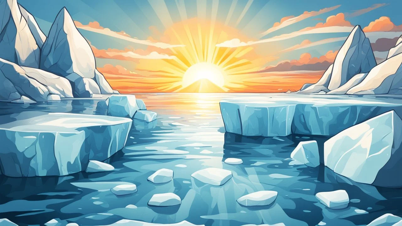 cartoon illustration: nature with icebergs and frozen sea, sun in the sky