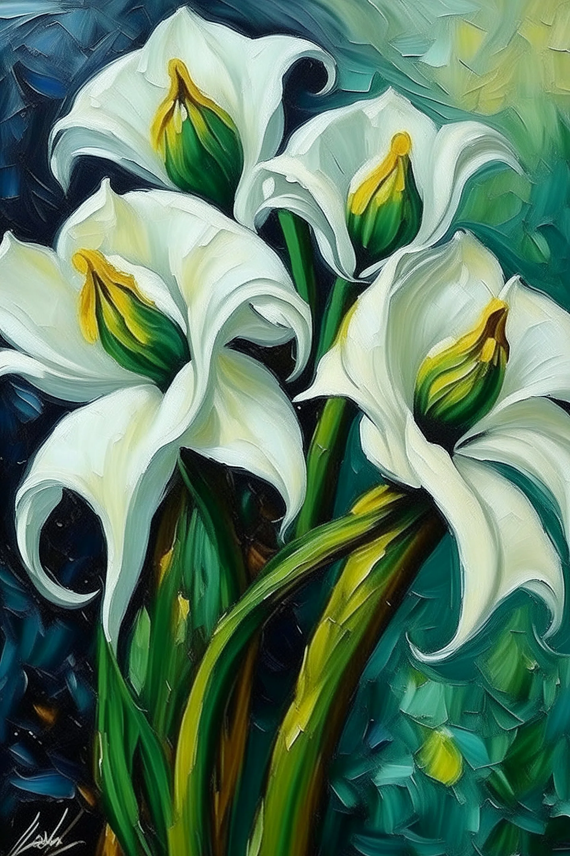 oil painting with the spatula technique, three white calla lilies by van gogh