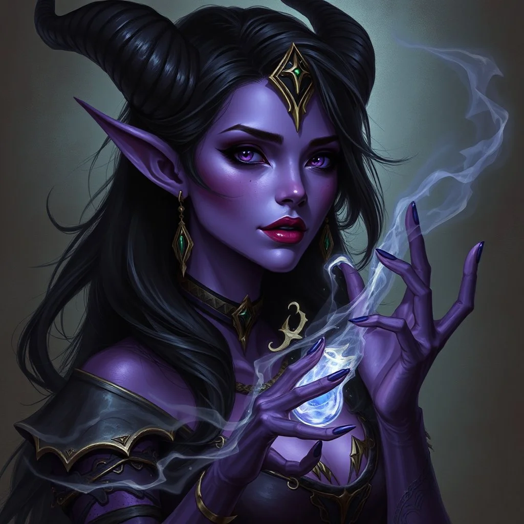drow elf woman, sorceress, enchantress, dark hair, purple skin, digital art, dark fantasy
