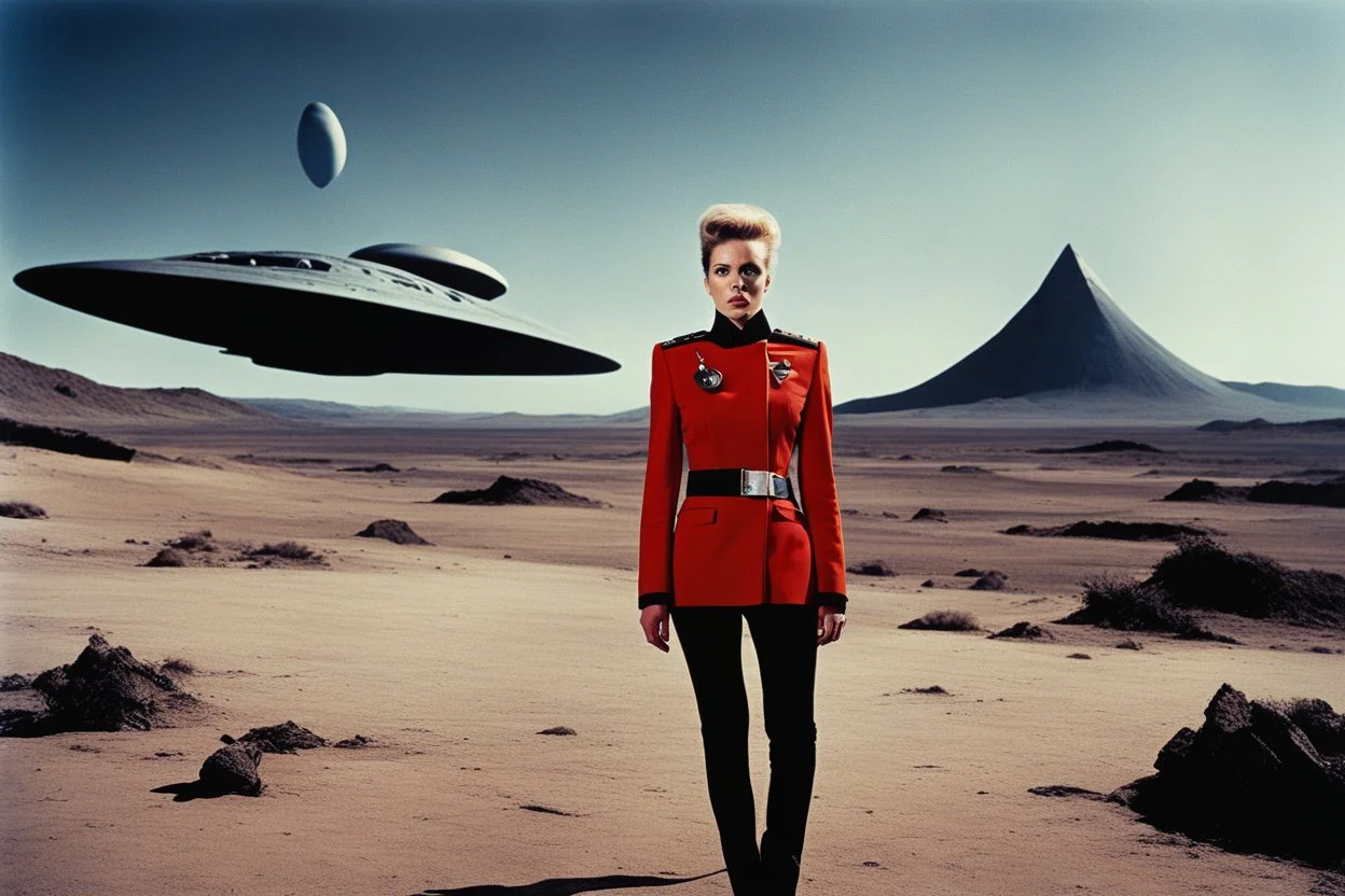 [color photo by Helmut Newton] female starfleet cadet torned jacket uniform horrified by a monster in a desolate landscape beside a starship.