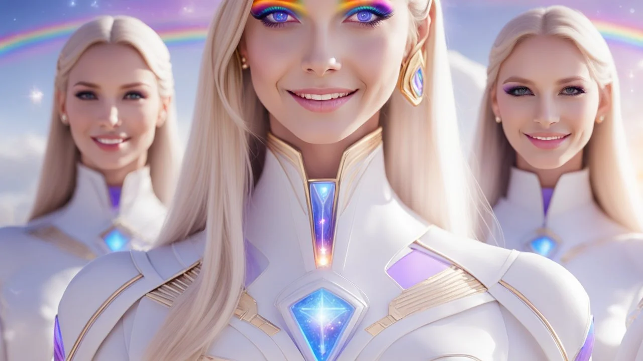 cosmic woman ,beautiful ufos rainbow, admiral from the future, galactic confédération, fine whole face, crystalline skin, expressive purple eyes,rainbow, smiling lips, very nice smile, costume pleiadian, Beautiful tall woman pleiadian Galactic commander, ship, perfect datailed golden galactic suit, high rank, long blond hair, hand whit five perfect detailed finger, amazing big puple eyes, mouth, high définition lips, cosmic happiness, bright colors