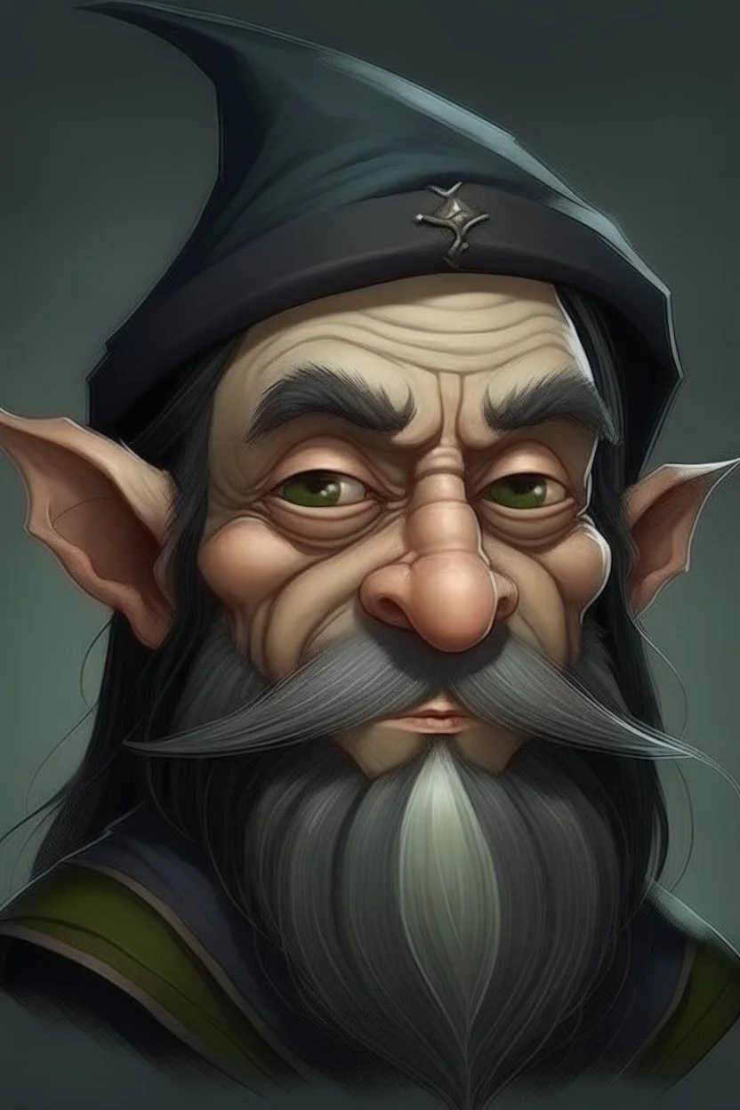 Portrait of a male gnome with long raven hair, small, intelligent eyes, small, angular face, aquiline nose,