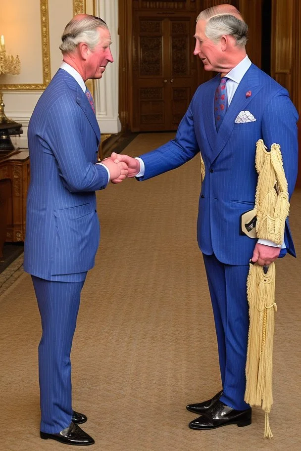 The Prince of Wales in traditional dress shakes hands with a young guest dressed in a blue suit, drawing room of St James's Palace, during a reception
