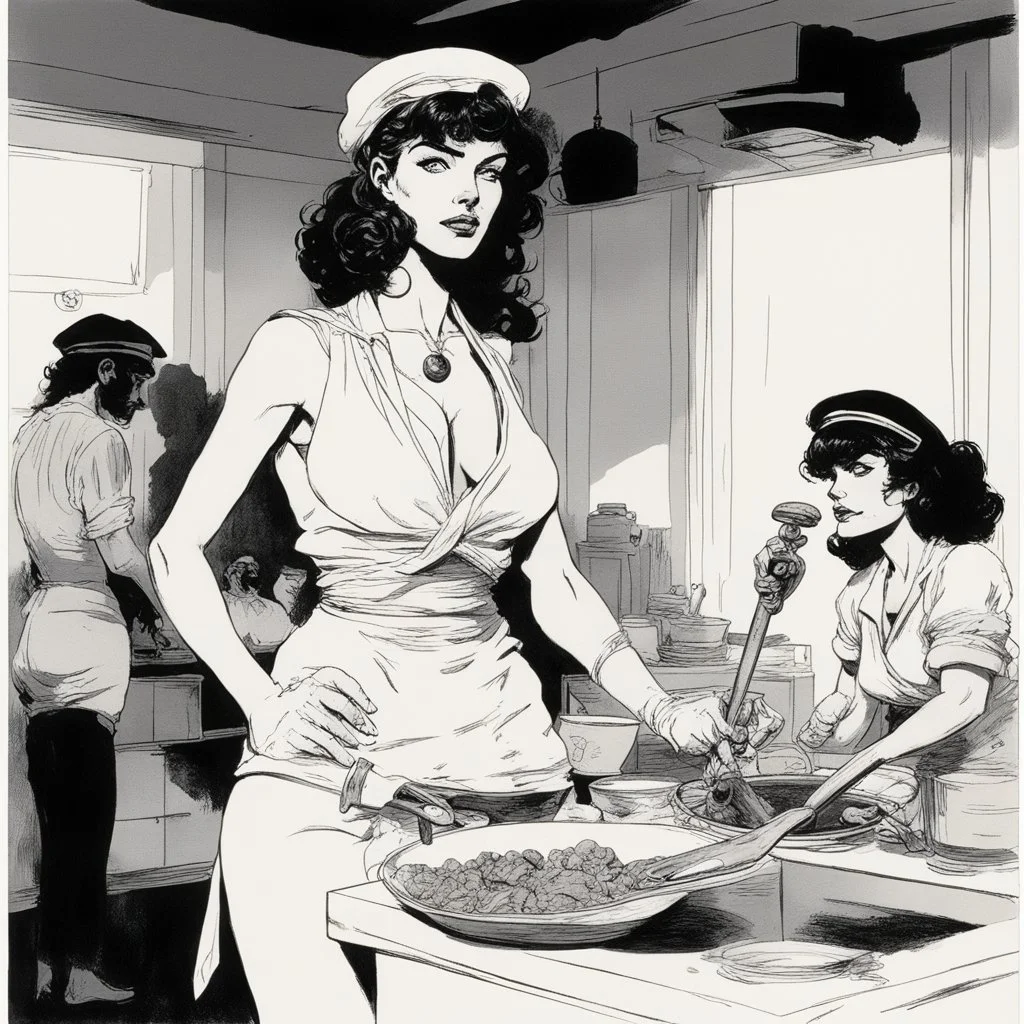 [art by Hugo Pratt and Corto Maltese] cannibal amazons are cooking the sailor girl