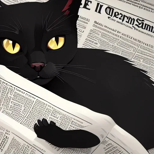 Gato negro durmiendo en una cama junto a un diario