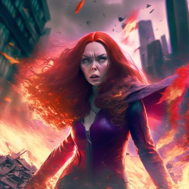 Wanda Maximoff, mulher, jovem, cabelos ruivos, olhos vermelhos, raiva, corpo inteiro, fundo cidade destruída, cores brilhantes, de lado destruindo algo com sua magia vermelha, traje da feiticeira escarlate, dramatico, 4k render, imagem cinematográfica. Cores frias, magia em suas mãos, magia vermelha claro