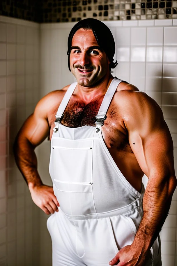 photography of a burly chubby italian plumber dressed with white overalls smiling under the shower 41 years old