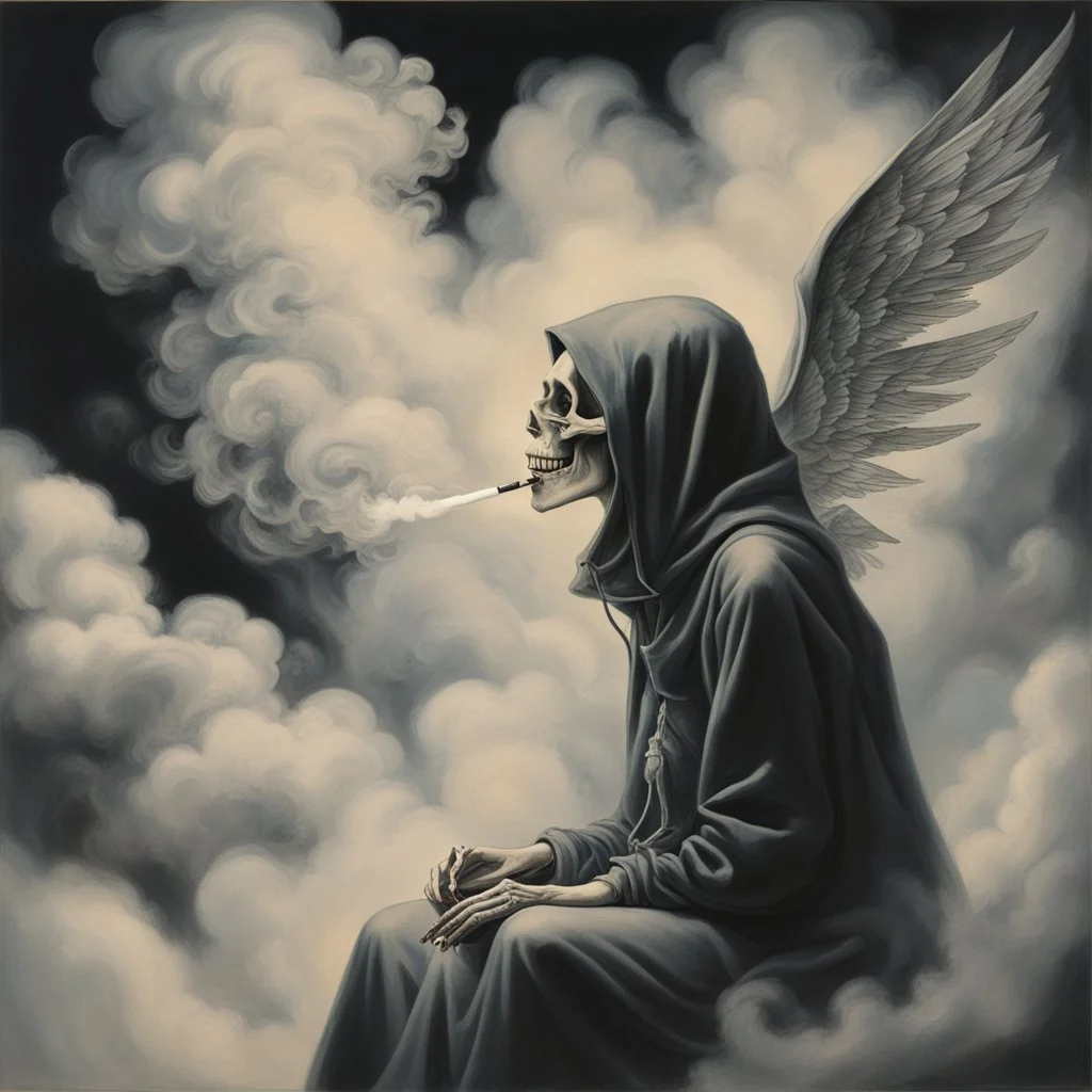 women sitting forward Her face turned upwards and blows cigarette smoke from their mouth. It depicts a figure with wings emerging from its back. a hooded skeleton can be seen behind the clouds of smoke.