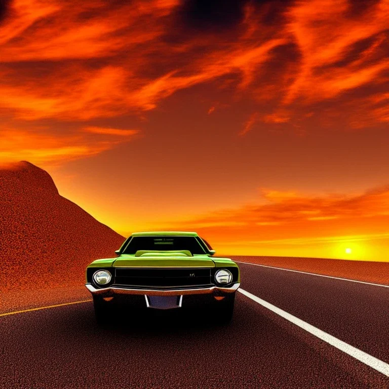 muscle car, desert road, sunset, full colour, realistic