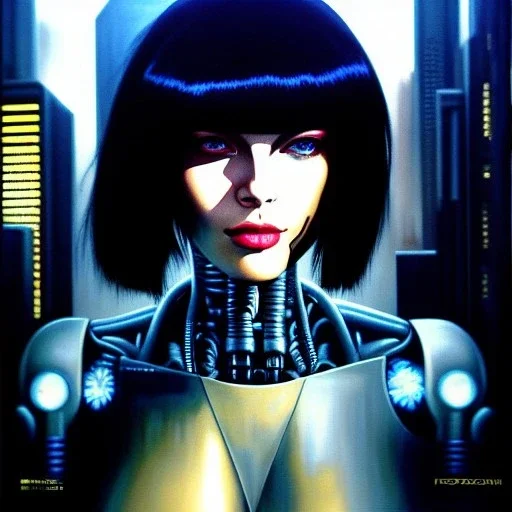 fullbody portrait in oil on canvas ,beautiful female robot, ominous, intense stare, sad eyes, post-apocalyptic in a cyberpunk city, ghost in the shell, BladeRunner movie poster, masterpiece, realistic, intricate detail, sci-fi fantasy style, volumetric lighting, particles, highly detailed ,cinamatic , deep colours,8k, by Caravaggio