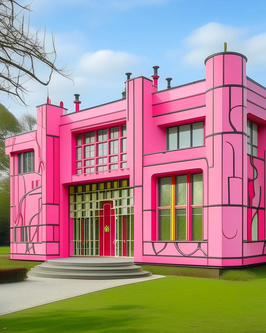 A pink spider mansion with magical gas designed in Heidrun manuscripts painted by Piet Mondrian