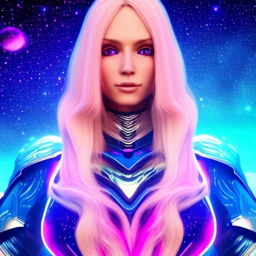 Beautyful woman,galactic , cosmic armor,hair long blond, blue eyes, happy cosmic, bright colors, blue, pink, realistic, photo real, clear sunny background, highly detailed, high contrast, 8k high definition, unreal engine 5, extremely sharp detail, light effect, sunny light background