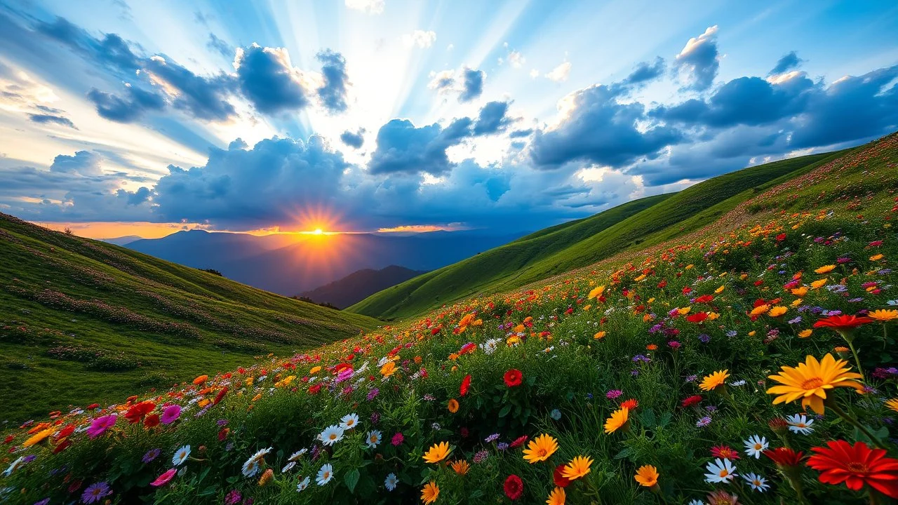 beautiful Green hills covered with flowers colorfull ,blue sky heavy clouds with godray at sunset ,very nice flowers at closeup ,wonderfull mountains at distance